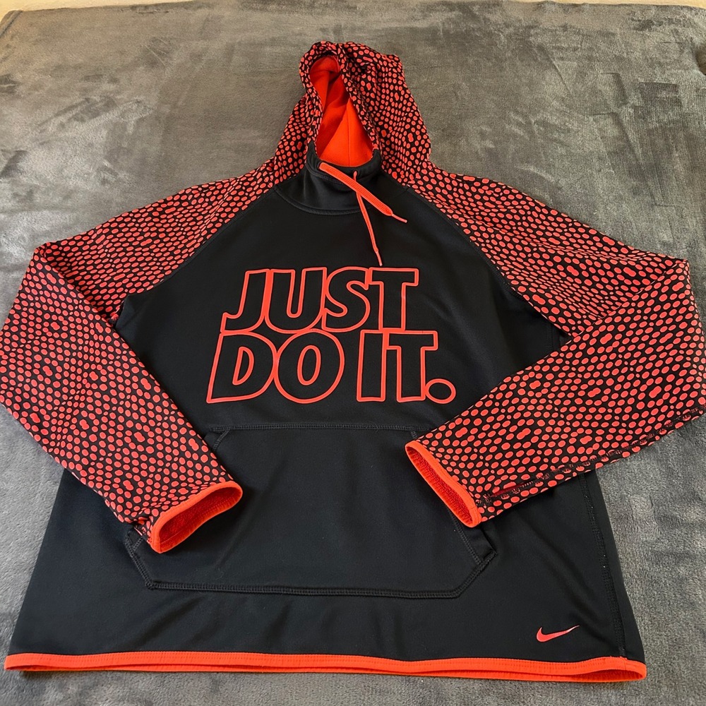 Nike Therma-FIT Pullover Hoodie Just Do It Black Red Sweater Athletic Men Medium